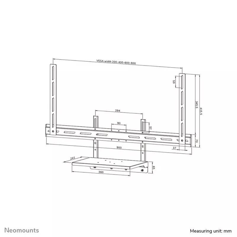 Kit de bandeja para portátil Neomounts AV45-500BL para pantallas de 43 a 110 pulgadas, VESA hasta 600x400, máx. 2,5 kg, 900×242×640 mm