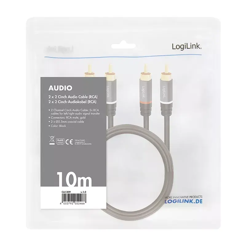 Cable de audio LogiLink CA1209 10m 2xRCA negro