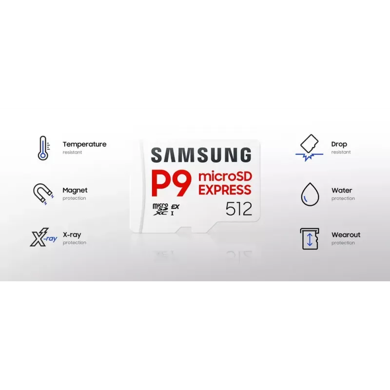 Tarjeta microSDXC Samsung P9 Express 512 GB, UHS-I, lectura 800 MB/s, V30, U1, blanca