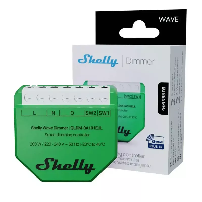 Controlador de atenuador inteligente Shelly Wave Dimmer EU LR — 2 canales, sin neutro, 220–240V, LED hasta 150W, bombillas incandescentes hasta 200W, 864–868.4 MHz