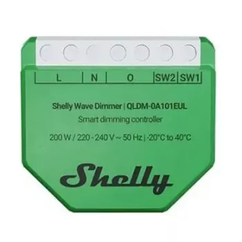 Controlador de atenuador inteligente Shelly Wave Dimmer EU LR — 2 canales, sin neutro, 220–240V, LED hasta 150W, bombillas incandescentes hasta 200W, 864–868.4 MHz