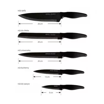 Set de cuchillos de cocina Smile SNS-6 – bloque negro de 6 piezas, 5 cuchillos con hojas negras antiadherentes, mangos soft-touch de plástico negro