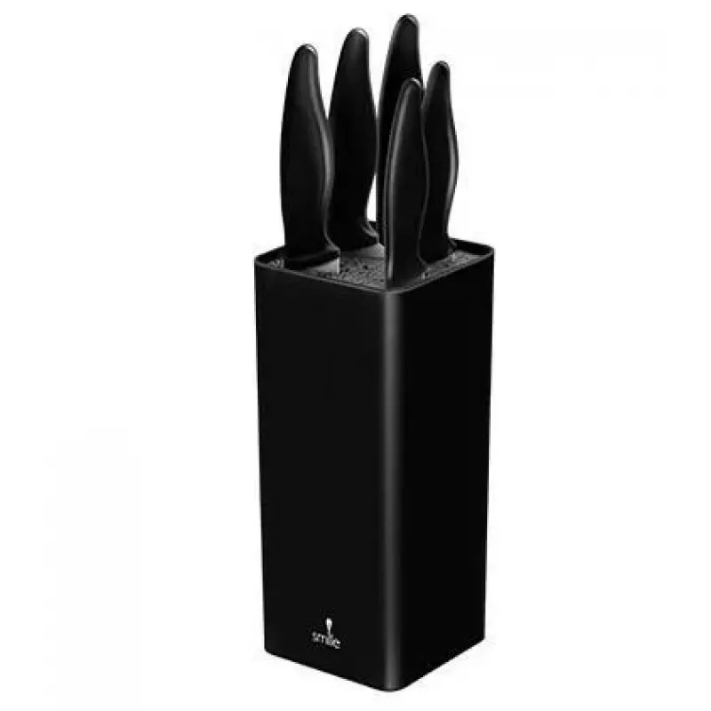 Set de cuchillos de cocina Smile SNS-6 – bloque negro de 6 piezas, 5 cuchillos con hojas negras antiadherentes, mangos soft-touch de plástico negro