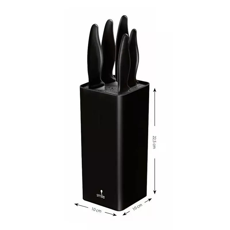 Set de cuchillos de cocina Smile SNS-6 – bloque negro de 6 piezas, 5 cuchillos con hojas negras antiadherentes, mangos soft-touch de plástico negro