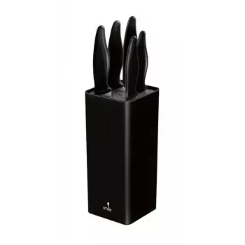 Set de cuchillos de cocina Smile SNS-6 – bloque negro de 6 piezas, 5 cuchillos con hojas negras antiadherentes, mangos soft-touch de plástico negro