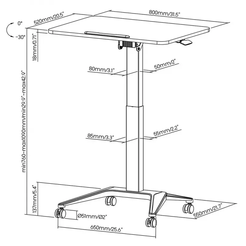 Mesa de portátil móvil MACLEAN MC-453B con regulación de altura neumática, altura máx. 109 cm, capacidad de carga 8 kg