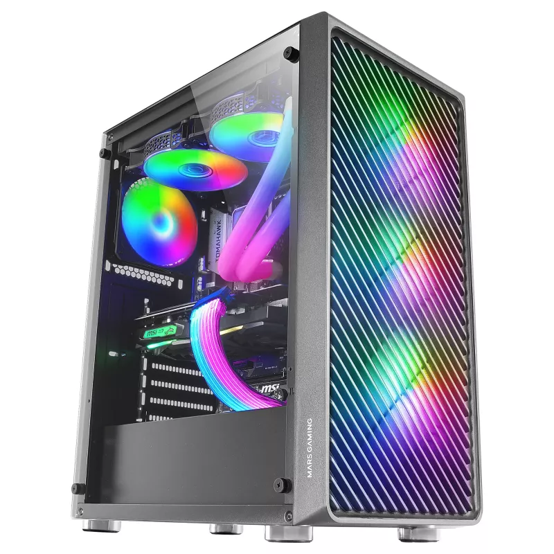 Mars Gaming MC-F negra, semitorre gaming ATX, ventana lateral de cristal templado, frontal de malla metálica, 4 ventiladores ARGB de 120mm