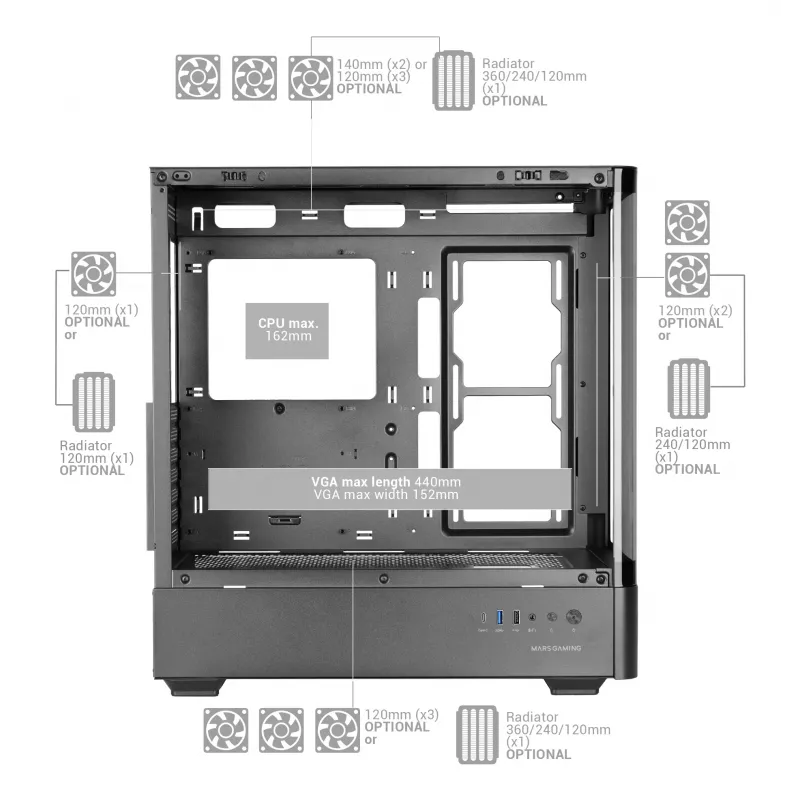 Caja de PC TACENS Mars Gaming MCLCDPRO semitorre – negra, pantalla IPS de 7,2 pulgadas, fuente de alimentación inferior, compatibilidad ATX/Micro‑ATX/Mini‑ITX