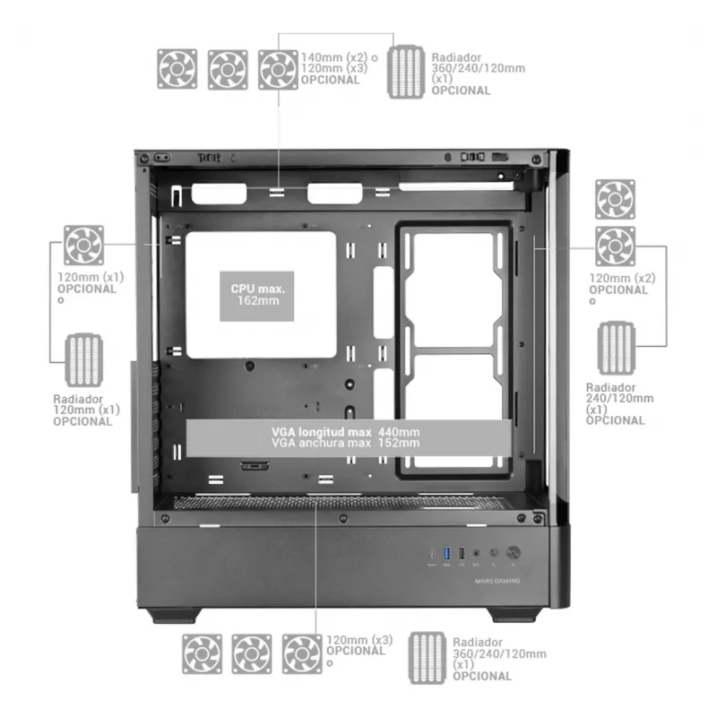 Caja de PC TACENS Mars Gaming MCLCDPRO semitorre – negra, pantalla IPS de 7,2 pulgadas, fuente de alimentación inferior, compatibilidad ATX/Micro‑ATX/Mini‑ITX