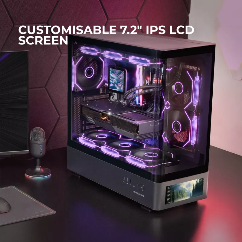 Caja de PC TACENS Mars Gaming MCLCDPRO semitorre – negra, pantalla IPS de 7,2 pulgadas, fuente de alimentación inferior, compatibilidad ATX/Micro‑ATX/Mini‑ITX