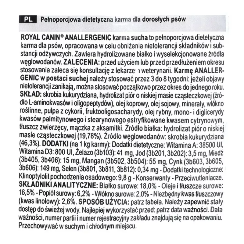 Comida seca para perros Royal Canin Anallergenic 8 kg — fórmula hipoalergénica de ave para adultos, sin gluten, sin lactosa