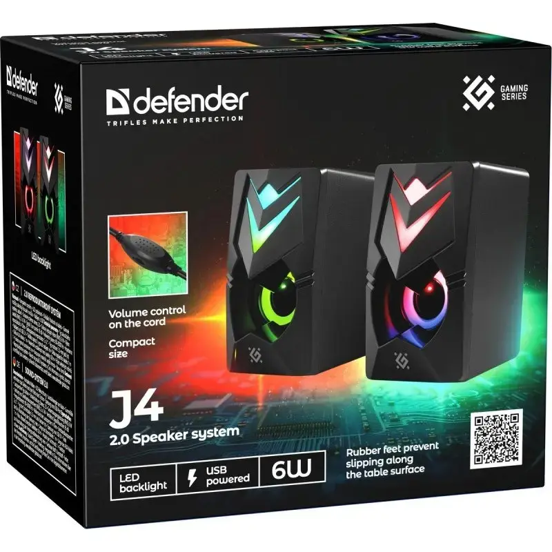 Altavoces para PC DEFENDER J4 2.0 6W LED USB, 3,5 mm, 90–20000 Hz, negro