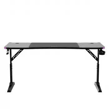 Escritorio gaming huzaro Hero 4.6 RGB — tablero rectangular negro 1600×600 mm, altura 560–790 mm, patas en H, iluminación RGB