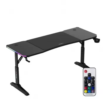 Escritorio gaming huzaro Hero 4.6 RGB — tablero rectangular negro 1600×600 mm, altura 560–790 mm, patas en H, iluminación RGB