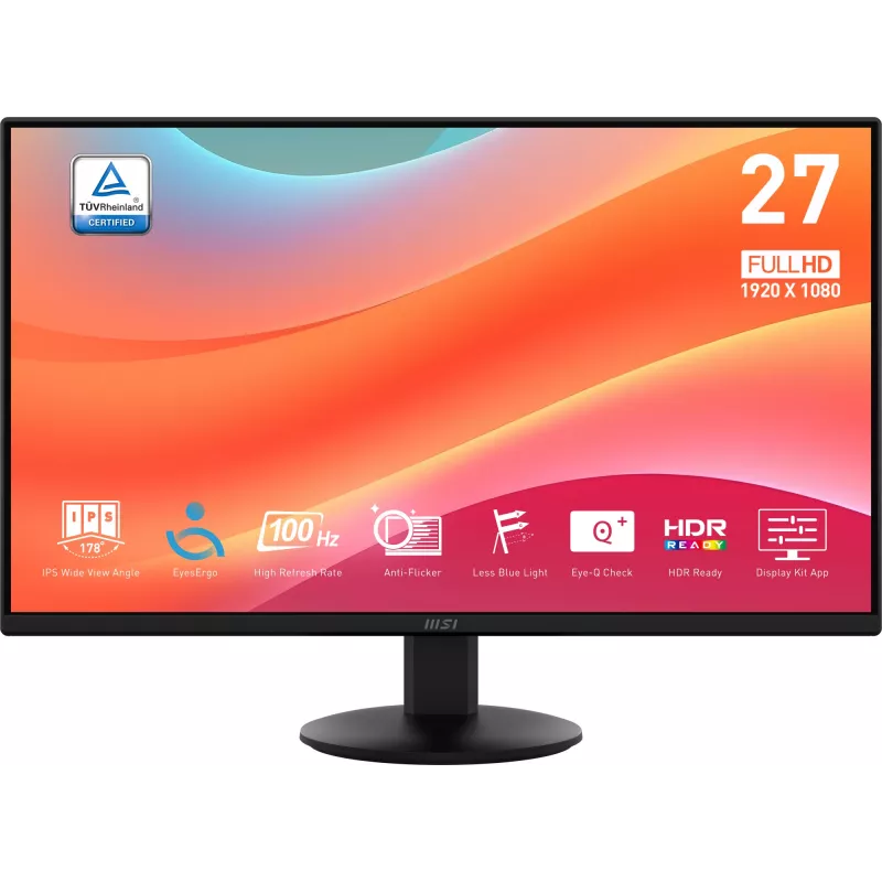 MSI PRO MP272L monitor, 27 pulgadas (68,6 cm), 1920 x 1080 Full HD, 16:9, 100 Hz, 1 ms, HDMI, DisplayPort, mate, negro