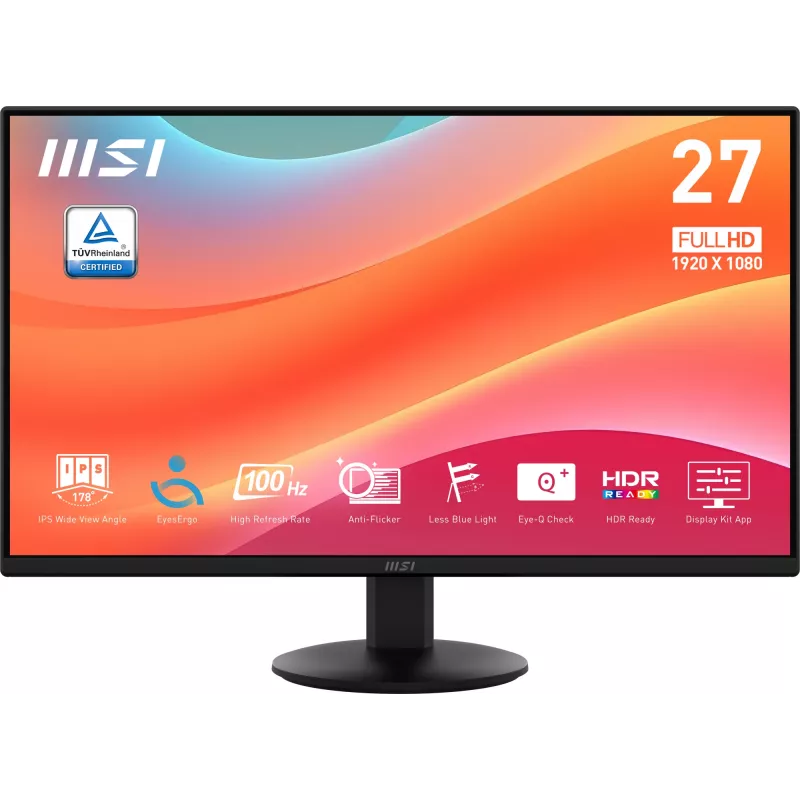 MSI PRO MP272L monitor, 27 pulgadas (68,6 cm), 1920 x 1080 Full HD, 16:9, 100 Hz, 1 ms, HDMI, DisplayPort, mate, negro