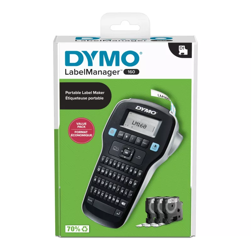 DYMO LabelManager 160 Etiquetadora Kit de inicio con 3 rollos de cinta de etiquetas D1 | Impresora de etiquetas portátil | Teclado QWERTY | Ideal para oficina o casa