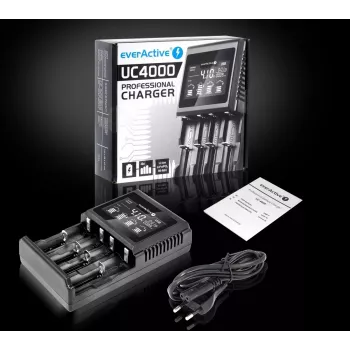 Cargador de baterías everActive UC-4000 para pilas domésticas AA/AAA, 4 ranuras, 100–240 V, negro