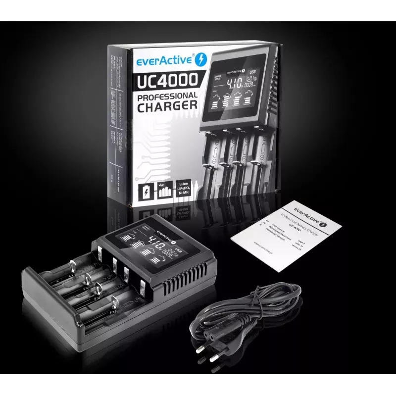 Cargador de baterías everActive UC-4000 para pilas domésticas AA/AAA, 4 ranuras, 100–240 V, negro