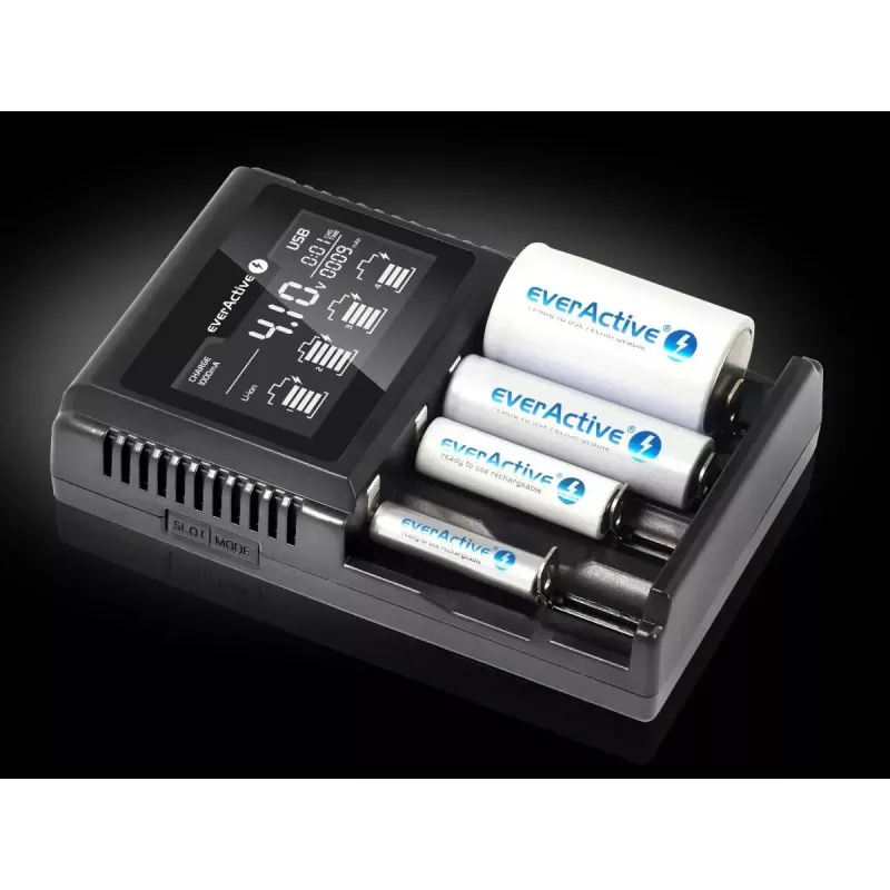 Cargador de baterías everActive UC-4000 para pilas domésticas AA/AAA, 4 ranuras, 100–240 V, negro