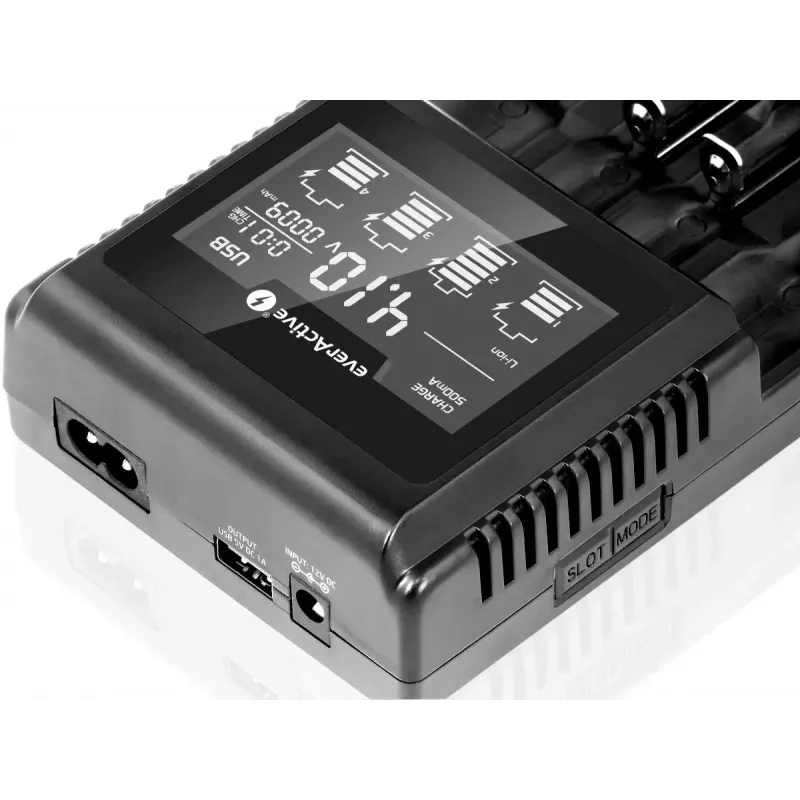 Cargador de baterías everActive UC-4000 para pilas domésticas AA/AAA, 4 ranuras, 100–240 V, negro