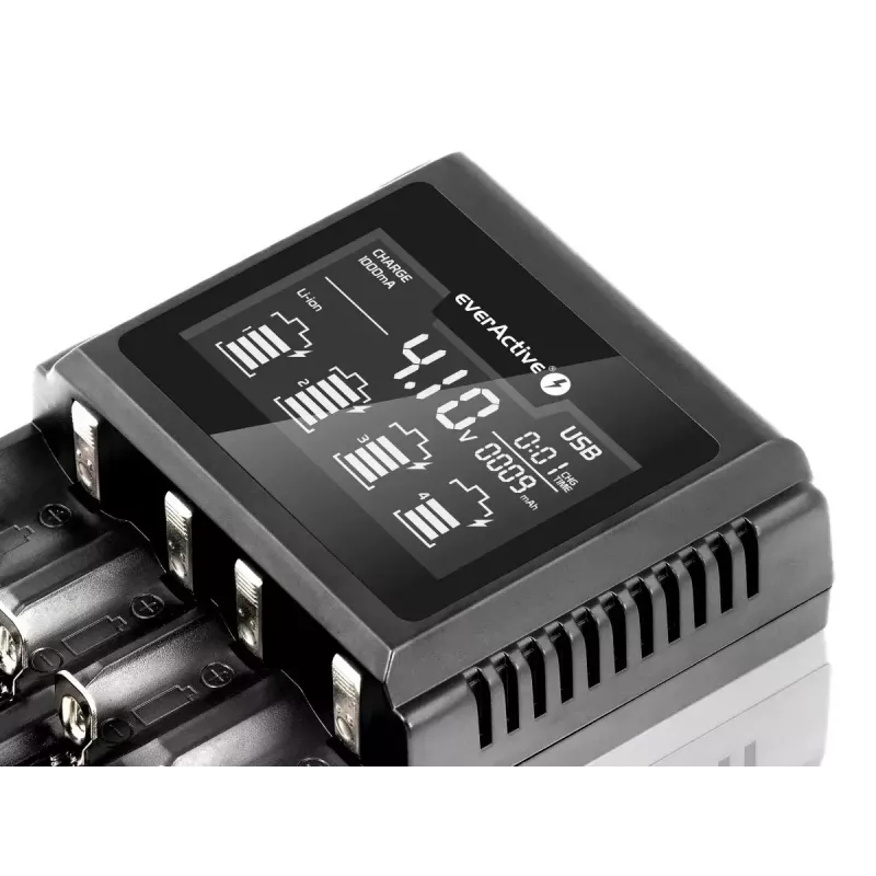 Cargador de baterías everActive UC-4000 para pilas domésticas AA/AAA, 4 ranuras, 100–240 V, negro