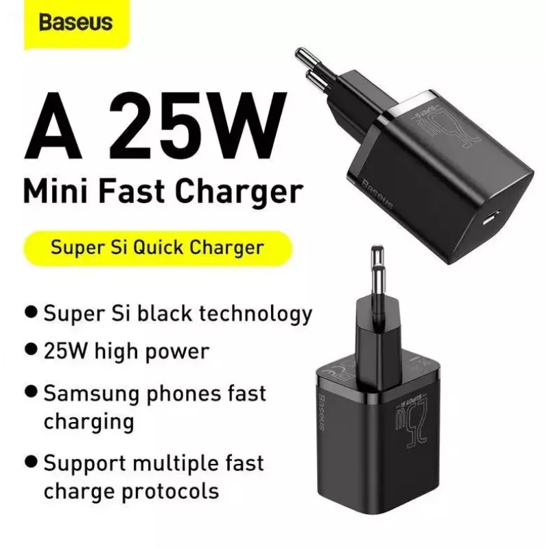 Baseus Super Si Quick Charger 1C TZCCSUP-L01 cargador rápido, 25W, USB-C PD, con cable USB-C de 1 m, negro