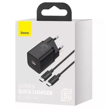 Baseus Super Si Quick Charger 1C TZCCSUP-L01 cargador rápido, 25W, USB-C PD, con cable USB-C de 1 m, negro