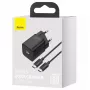 Cargador de interior Baseus TZCCSUP-L01, USB-C 1 conector, 18W, 100–240V AC, cable de 1 m, Negro