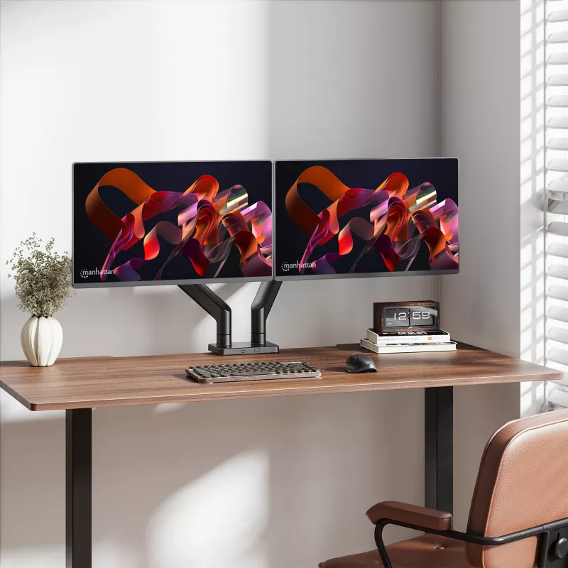 Soporte de escritorio Manhattan para TV y monitor, totalmente articulado, brazo de resorte, 2 pantallas, 13–45 inch, Negro