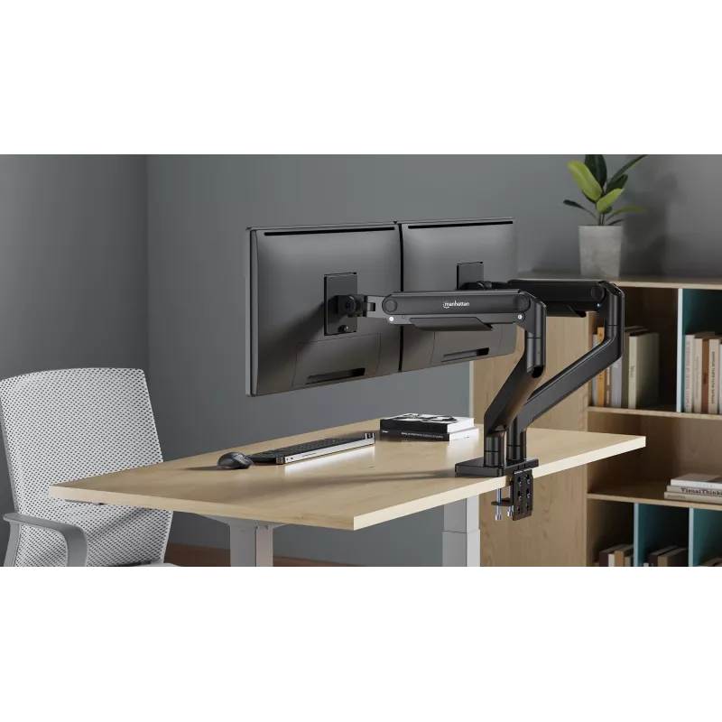 Soporte de escritorio Manhattan para TV y monitor, totalmente articulado, brazo de resorte, 2 pantallas, 13–45 inch, Negro