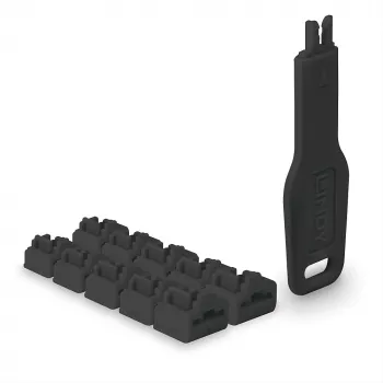 Set de bloqueadores de puertos Lindy RJ45 Port Locks Negro — 10 uds. + 1 llave, compatible con conectores RJ-45