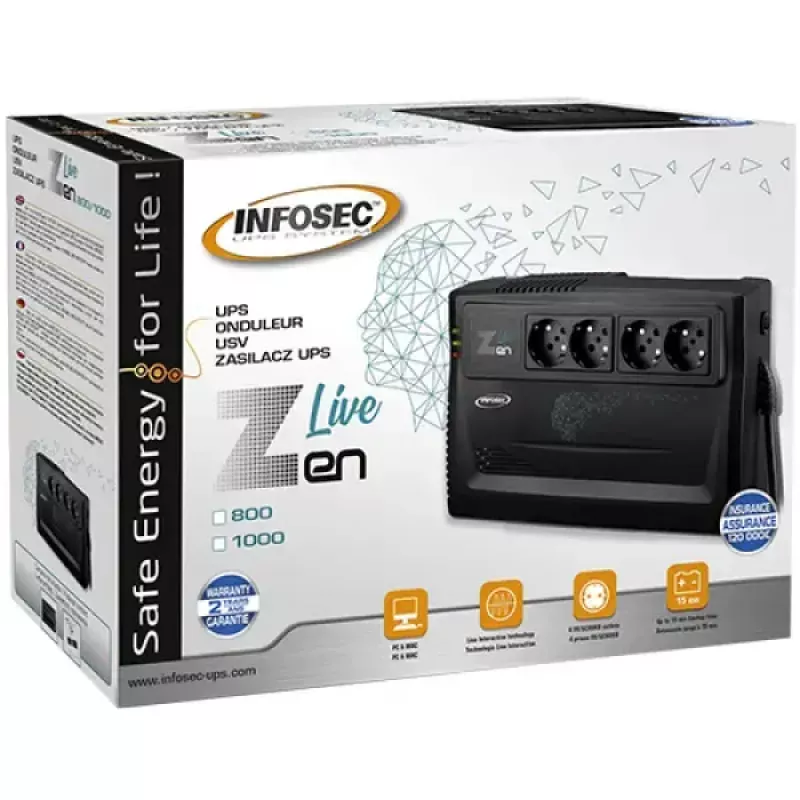 Sistema de alimentación ininterrumpida Infosec Zen Live 800 Line-Interactive 0,8 kVA (480 W) 4 salidas AC, batería de 12 V 7 Ah
