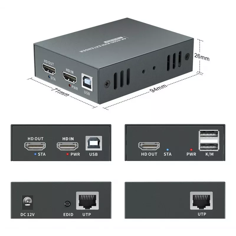 Kit de extensión AV (transmisor y receptor) LEVELONE HVE-8111, 3840x2160, Cat6, USB-A/USB-B, DC 12V (2 uds.)