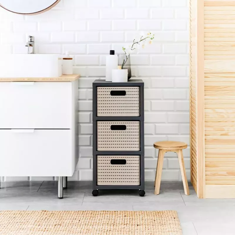 Estantería rotho Country armario estante de plástico con 3 cajones, blanco, 71,2×32,5×37,5 cm, tecnopolímero, ruedas