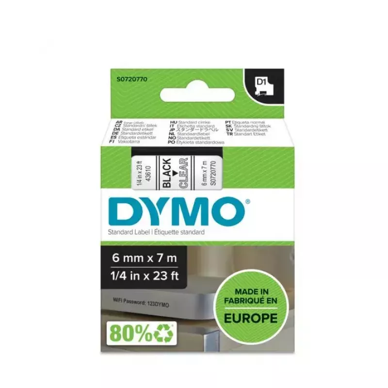 Etiquetas DYMO Authentic D1 | impresión negra sobre film transparente | 6 mm x 7 m | etiquetas autoadhesivas para impresoras de etiquetas LabelManager | fabricadas en Europa