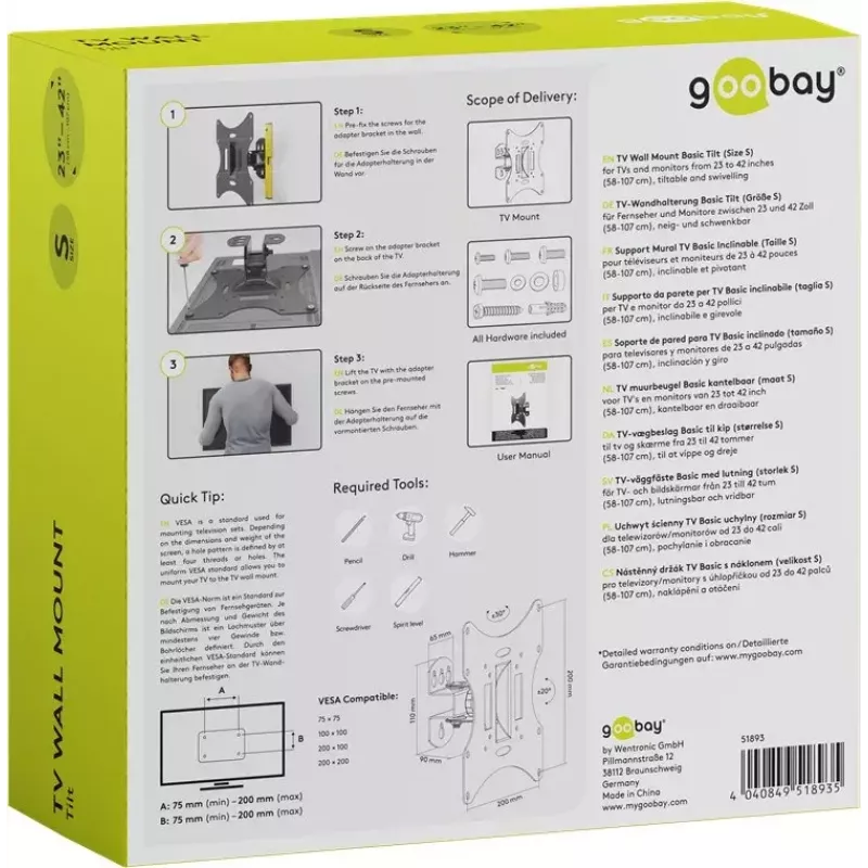 Goobay TV EasyFlex M Soporte de pared inclinable, negro (51893)
