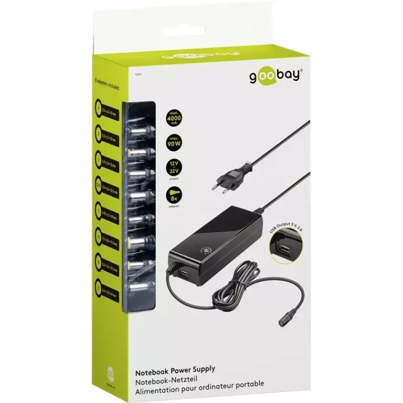 Goobay 81 W Fuente de alimentación para portátil, negro, 1,6 m, incl. USB y 8 adaptadores DC