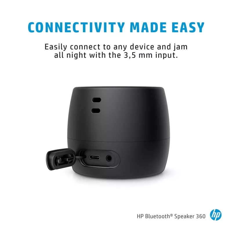 HP Altavoz Bluetooth Black 360, cable e inalámbrico, altavoz portátil mono, negro, cilíndrico, botones, universal