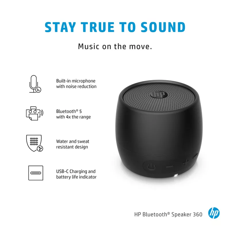HP Altavoz Bluetooth Black 360, cable e inalámbrico, altavoz portátil mono, negro, cilíndrico, botones, universal