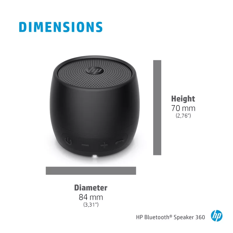 HP Altavoz Bluetooth Black 360, cable e inalámbrico, altavoz portátil mono, negro, cilíndrico, botones, universal