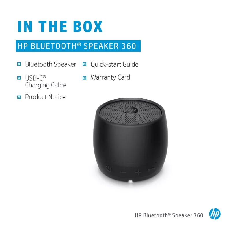 HP Altavoz Bluetooth Black 360, cable e inalámbrico, altavoz portátil mono, negro, cilíndrico, botones, universal