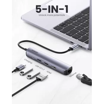 Ugreen 10919 Estación de acoplamiento y replicador de puertos para portátil con cable USB 3.2 Gen 1 (3.1 Gen 1) Type-C gris