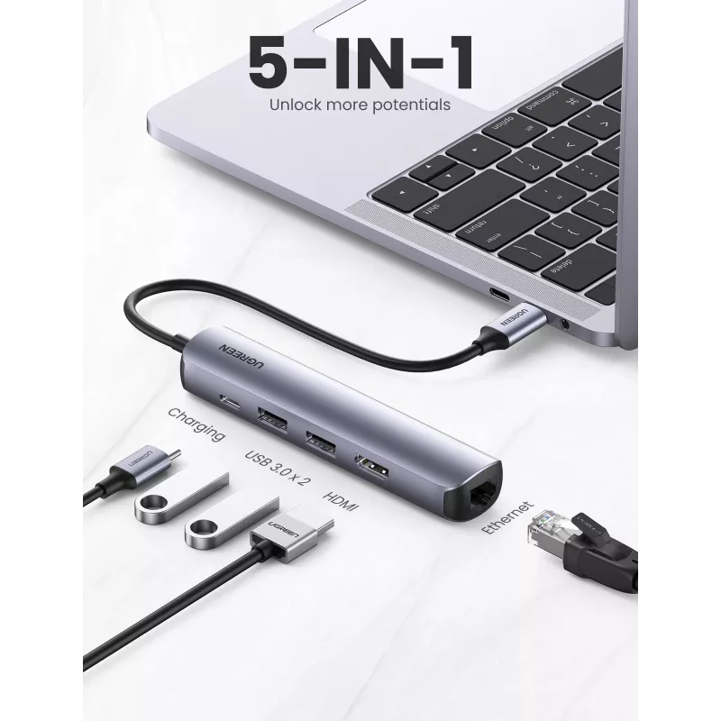 Ugreen CM418 10919 hub USB-C 5 en 1, HDMI 4K 30 Hz, Ethernet, USB 3.0, Power Delivery, aluminio, gris