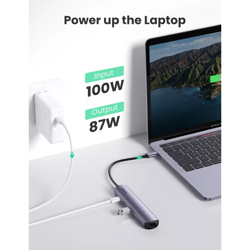 Ugreen CM418 10919 hub USB-C 5 en 1, HDMI 4K 30 Hz, Ethernet, USB 3.0, Power Delivery, aluminio, gris