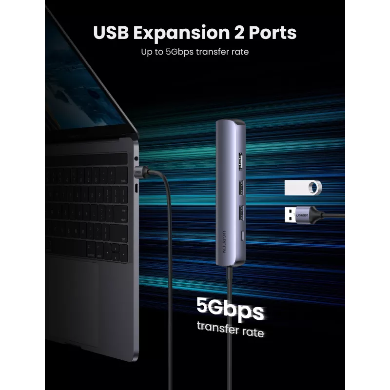 Ugreen CM418 10919 hub USB-C 5 en 1, HDMI 4K 30 Hz, Ethernet, USB 3.0, Power Delivery, aluminio, gris