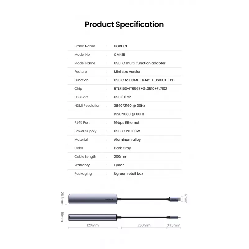 Ugreen CM418 10919 hub USB-C 5 en 1, HDMI 4K 30 Hz, Ethernet, USB 3.0, Power Delivery, aluminio, gris