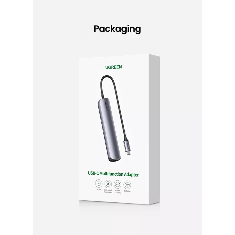Ugreen CM418 10919 hub USB-C 5 en 1, HDMI 4K 30 Hz, Ethernet, USB 3.0, Power Delivery, aluminio, gris