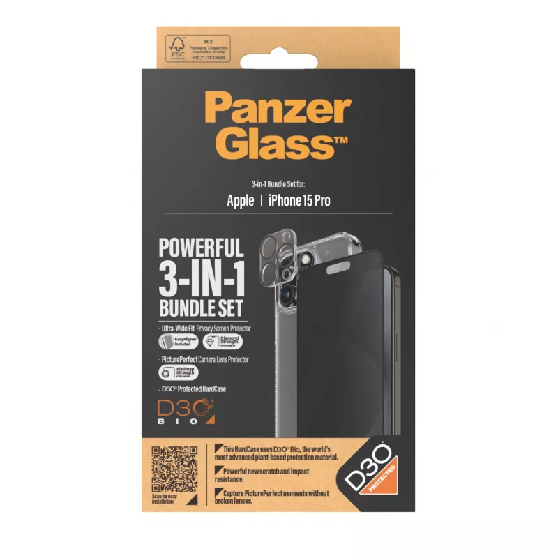 PanzerGlass Privacy pack 3 en 1 iPhone 15 Pro vidrio templado resistente a impactos