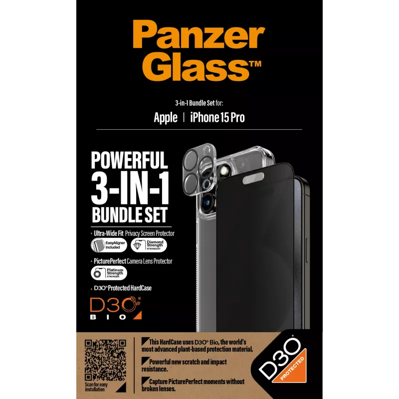 PanzerGlass Privacy pack 3 en 1 iPhone 15 Pro vidrio templado resistente a impactos